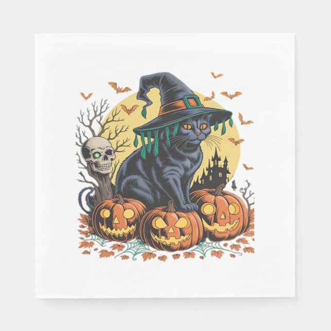 Black Cat Witch Scary Halloween Pumpkin Oversized Pappersservett (Framsidan)