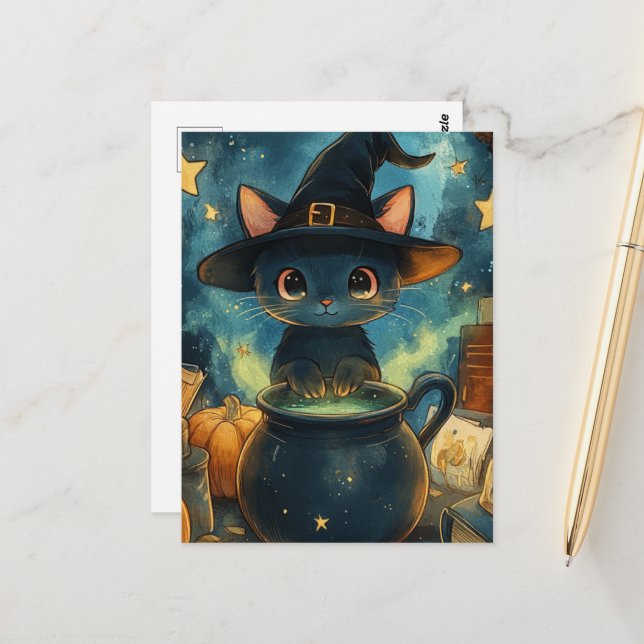 Black Cat Witch Vykort (Fram/Back In Situ)