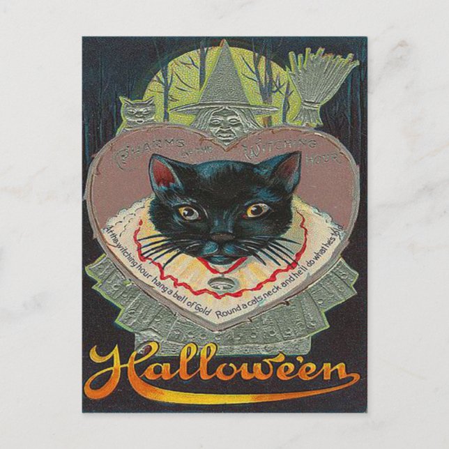 Black Cat Witch Witching Hour Full Moon Vykort (Framsida)