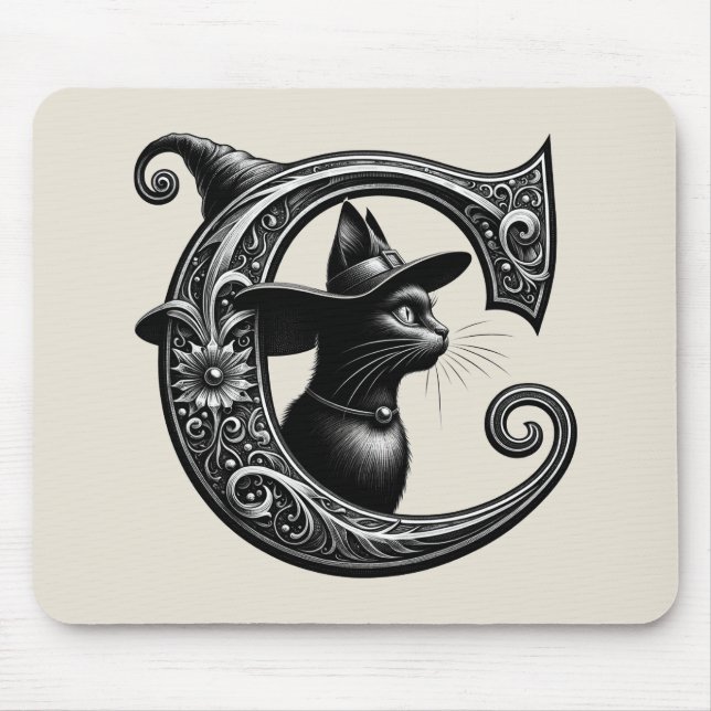 Black Cat Witch Witchy Brev C Anpassningsbar Initi Musmatta (Framsidan)