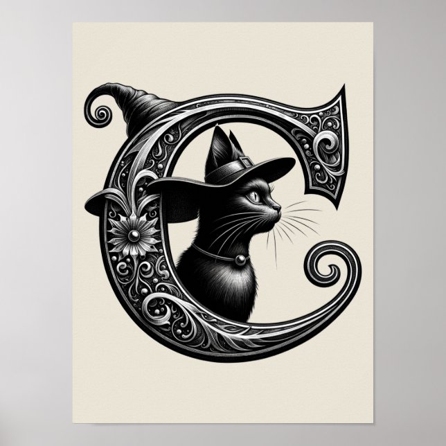 Black Cat Witch Witchy Brev C Anpassningsbar Initi Poster (Framsidan)