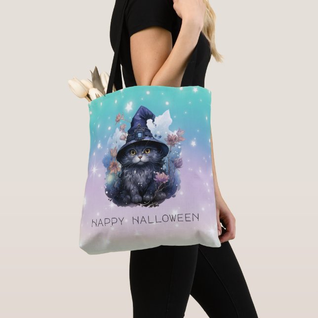 Black Cat Witches Hat Rainbow Pastel Halloween Tygkasse (Närbild)