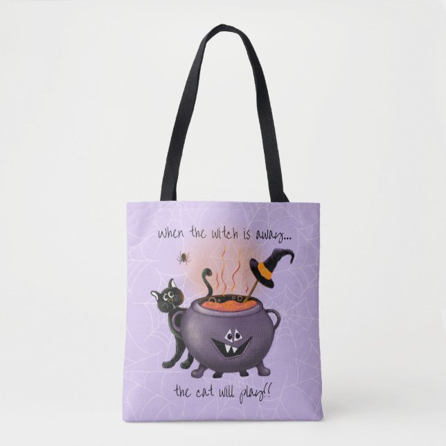 Black Cat & Witch's Cauldron Lila Halloween Tygkasse (Framsida)