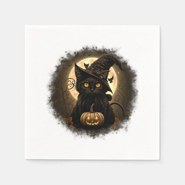 Black Cat Witchy Pumpkin Måne Spooky Halloween Wom Pappersservett (Framsidan)