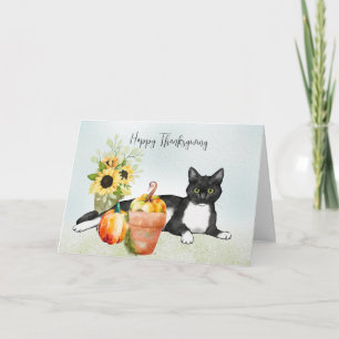 Black Cat with Flowers and Pumpkins Thanksgiving Kort