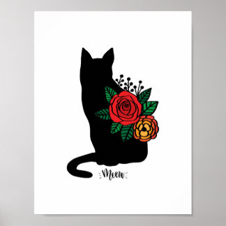 Black Cat With Flowers Poster