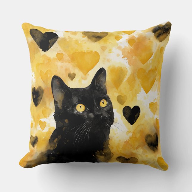 Black Cat with Gold and Black Hearts Kudde (Framsida)