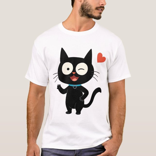 Black Cat with Heart Cartoon T Shirt (Framsida)