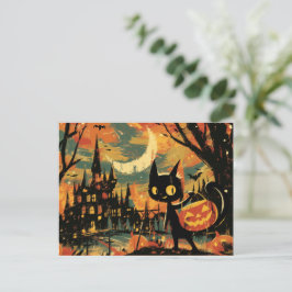 Black Cat with Pumpkin Bucket by the Castle Helg Vykort