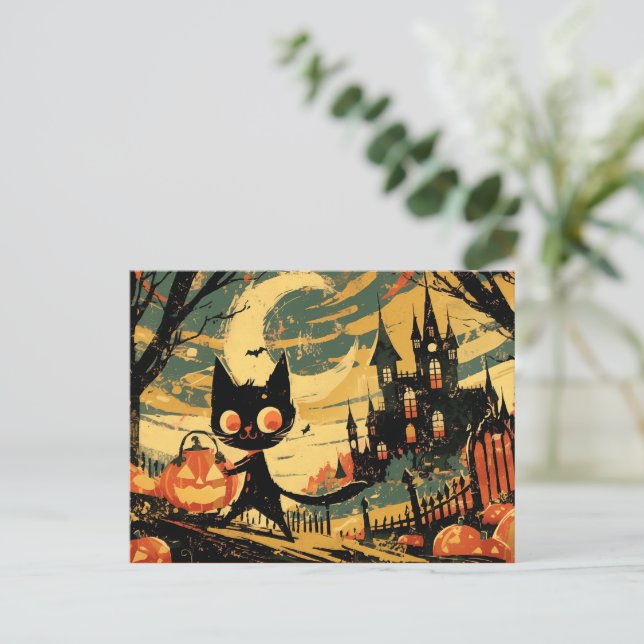 Black Cat with Pumpkin Bucket by the Castle Helg Vykort (Stående Fram)