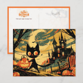 Black Cat with Pumpkin Bucket by the Castle Vykort