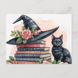 Black Cat With Witch Hat and Books Vykort