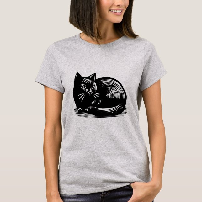 Black Cat Woodcut Stil T Shirt (Framsida)