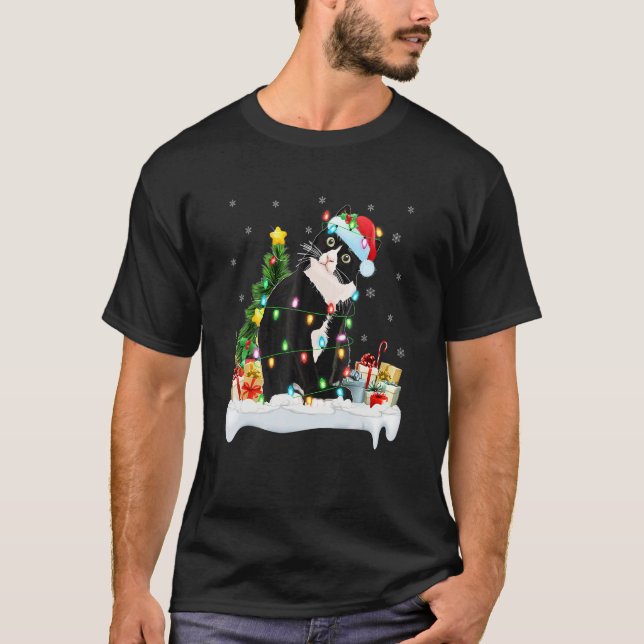Black Cat  Xmas Ree Lights Santa Black Cat Christm T Shirt (Framsida)