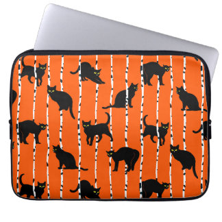 Black Cats and Birch Branches on Vibrant Orange Laptop Fodral