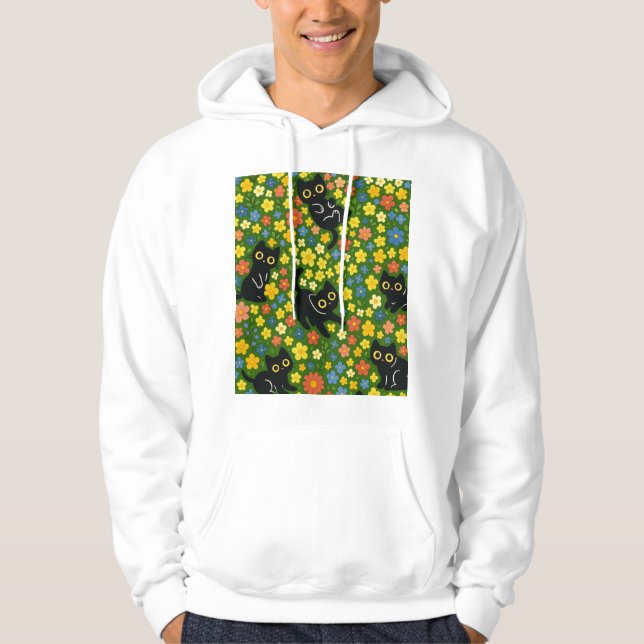Black Cats | Cute Black Cats Floral Meadow Pattern Hoodie (Framsida)