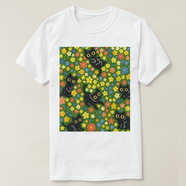Black Cats | Cute Black Cats Floral Meadow Pattern T Shirt (Design framsida)