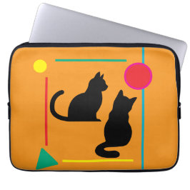 Black Cats & Geo Pattern Orange Electronics Bag Laptop Fodral
