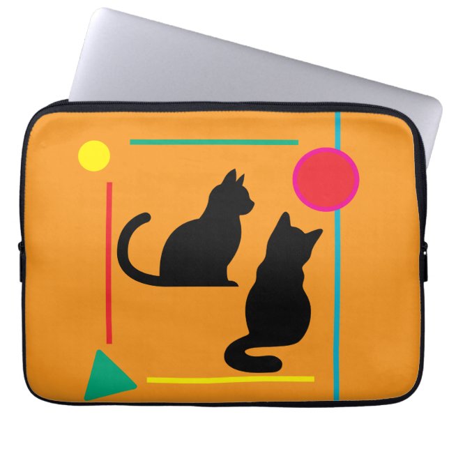 Black Cats & Geo Pattern Orange Electronics Bag Laptop Fodral (Framsidan)
