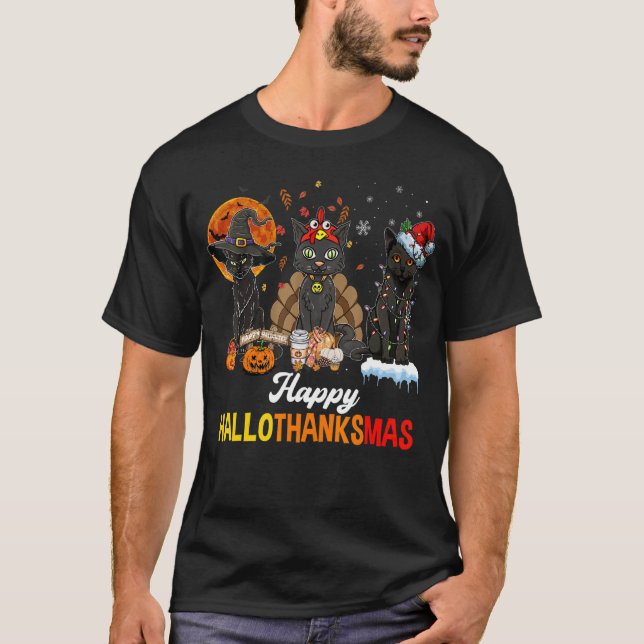 Black Cats Halloween Merry Christmas Happy Halloth T Shirt (Framsida)