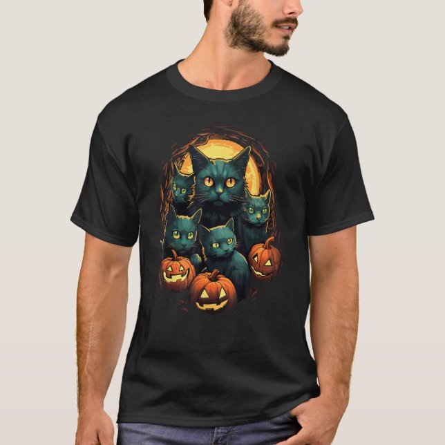 Black Cats Moon Pumpkin  Halloween Horror 2 T Shirt (Framsida)