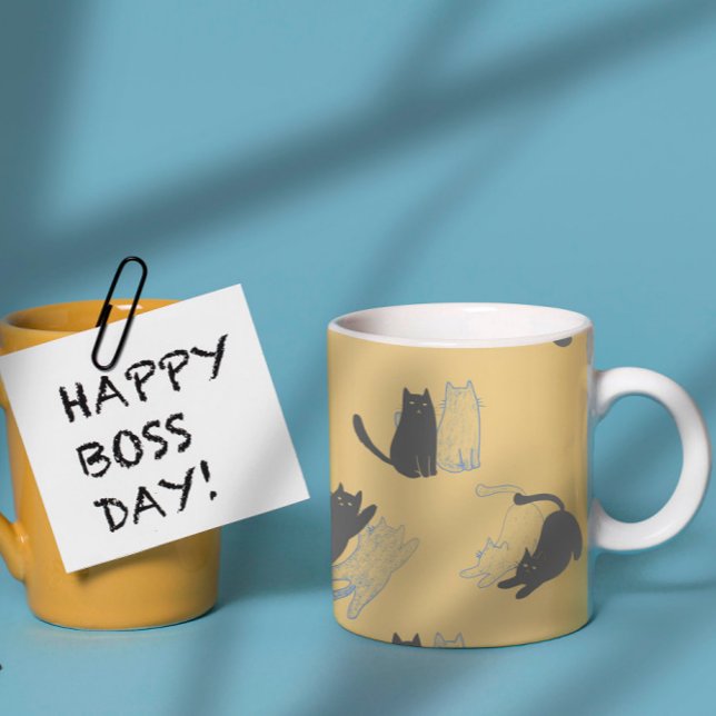 Black Cats on Mustard with Blue Outlines– Modern  Kaffemugg (Skapare uppladdad)