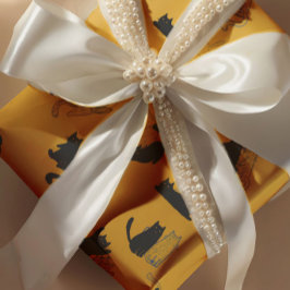 Black Cats on Mustard with Blue Outlines– Modern  Presentpapper