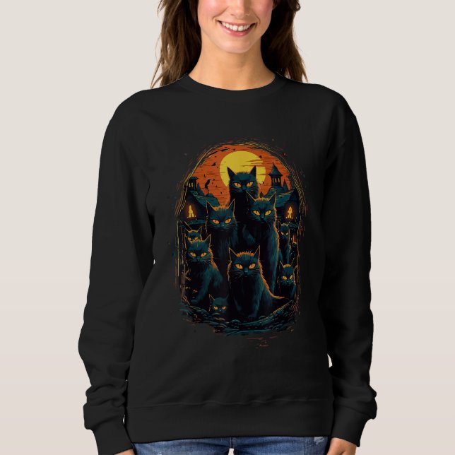 Black Cats Scary Moon  Halloween Horror T Shirt (Framsida)