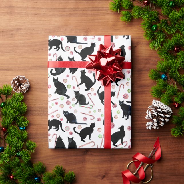 Black Cats with Peppermint Candy Wrapping Paper Presentpapper (Julgåva)