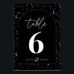 Black Celestial Arched Bröllop Bordsnummer<br><div class="desc">En celestial måne och stjärna tog upp svart bröllop bord namn som har samma utformning på baksidan,  för att hjälpa gästerna att hitta sina bord. Anpassa färg i stjärnorna mönster,  bakgrund,  bågfyllning och måne inslag! Du måste köpa en för varje bordsnummer vid bröllop.</div>