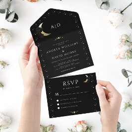 Black Celestial Mystical Guld Måne QR-koden Bröllo