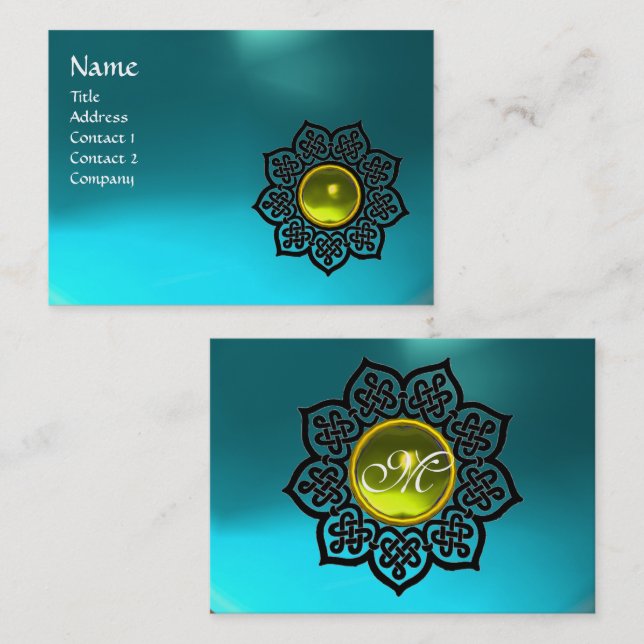 BLACK CELTIC FLOWER GULT GEM MONOGRAM Aqua Blue Visitkort (Fram/baksida)
