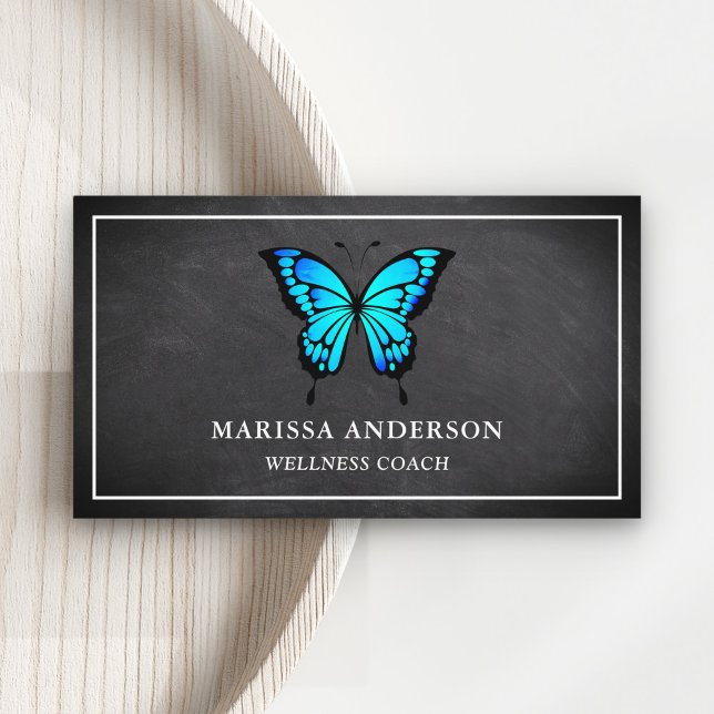 Black Chalkboard Elegant Blue Butterfly Visitkort (Skapare uppladdad)