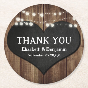 Black Chalkboard Heart Wood Bröllop Tack Underlägg Papper Rund