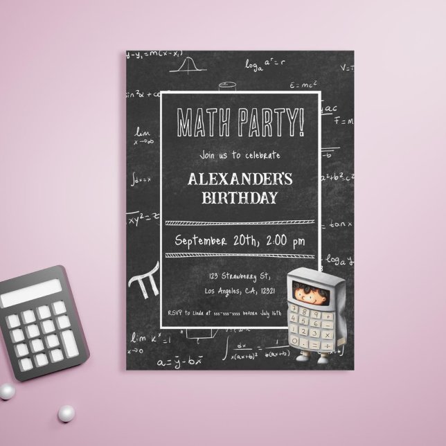 Black Chalkboard MaTemas Forms Kid Birthday Inbjudningar (Black Chalkboard Mathematic Formulas Kid Birthday Invitation by Kinda Cute by Patricia Alvarez)
