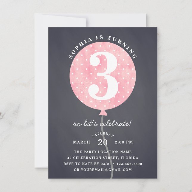 Black Chalkboard Rosa Balloon Girl Birthday Inbjudningar (Framsida)