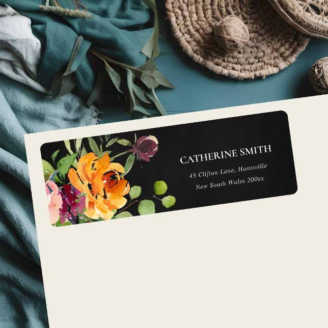 BLACK CHALKBOARD ROSA GULT ORANGE BLOMMIGT ADRESS RETURADRESS ETIKETT (Skapare uppladdad)