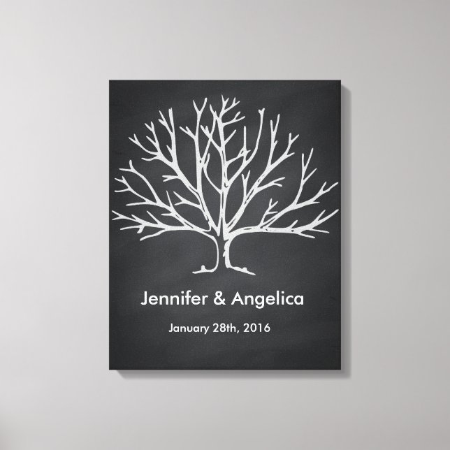 Black Chalkboard Rustic Bröllop Fingerprint Träd Canvastryck (Framsida)