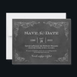 Black Chalkboard Vintage Rustic Bröllop Spara Datumet<br><div class="desc">Detta formella bröllop spara datum-meddelande med vintage vin-etikett stil. Rustiska handdragna skisser med ett kritutseende av grapevine löv ramar de viktiga detaljerna. Ett enkelt blomstrande monogram visas på den omvända sidan. Mjukt vitt / grått på en svart stil-kritbakgrund med texturerat utseende.</div>