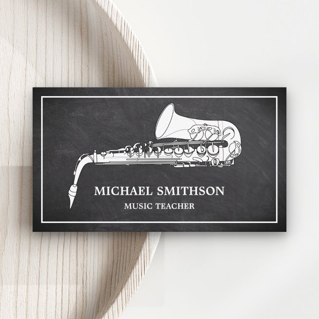 Black Chalkboard White Saxophone Music Teacher Visitkort (Skapare uppladdad)