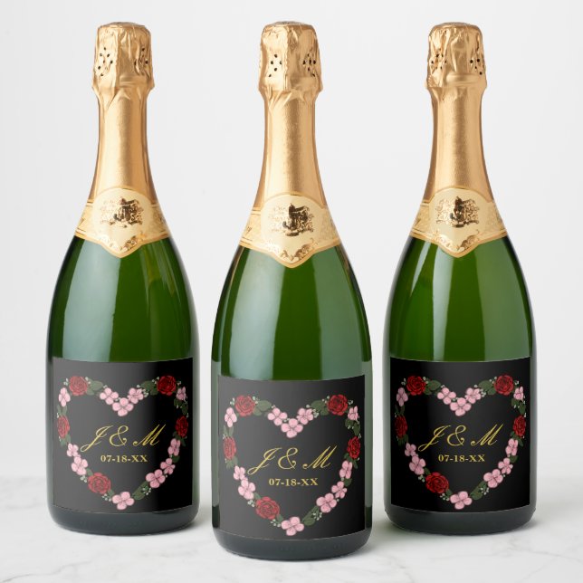 Black champagne label with a pink and red heart (Flaskor)