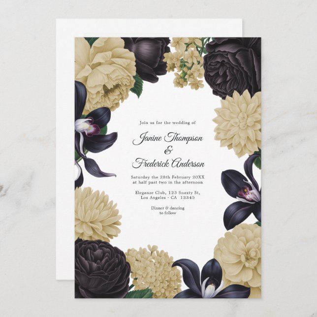 Black & Champagne Photo/QR Code Floral Wedding Inbjudningar (Fram/baksida)