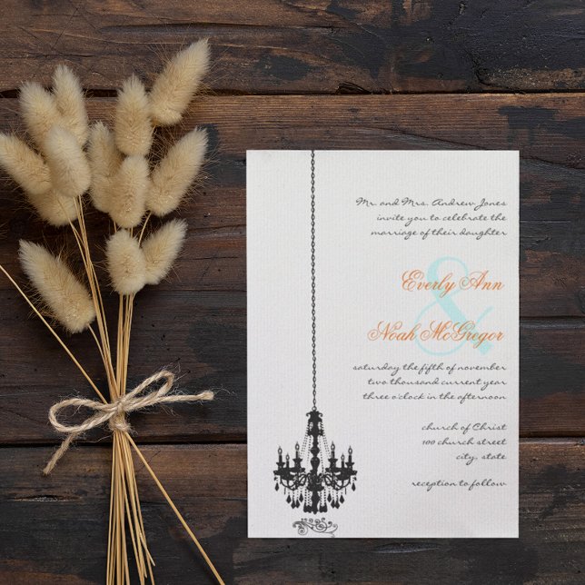 Black Chandelier Coral Turcos Damask Wedding Inbjudningar (Skapare uppladdad)