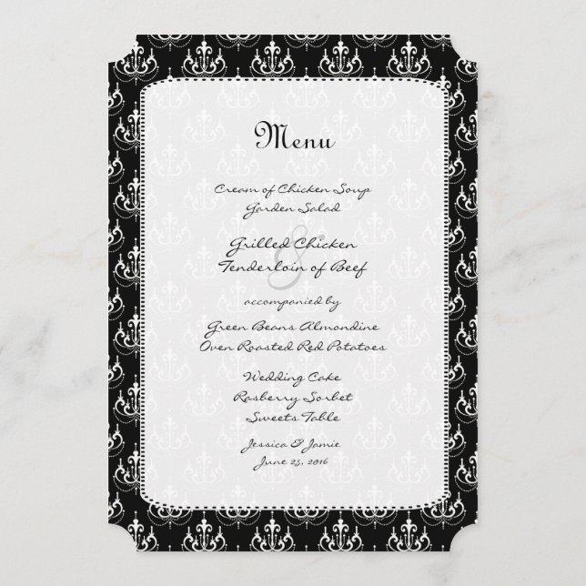 Black Chandelier Damask Wedding Menu Meny (Baksida)