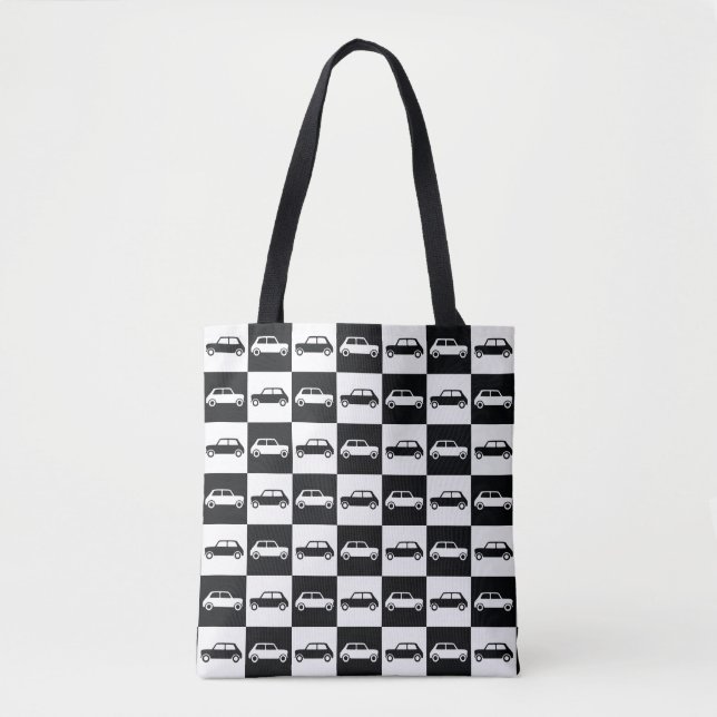 Black Checkerboard Mini Cooper Tote Bag Tygkasse (Framsida)