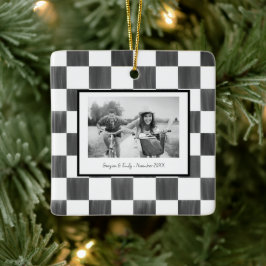 Black Checkerboard Personalized Photo Julgransprydnad Keramik