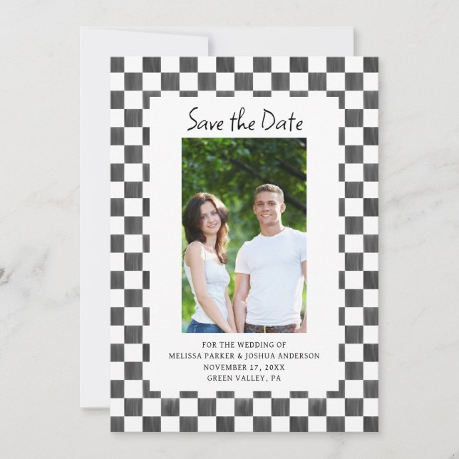 Black Checkerboard Photo Save the Date Inbjudningar (Framsida)