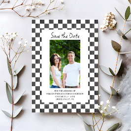 Black Checkerboard Photo Save the Date Inbjudningar