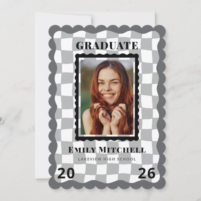 Black Checkered Grad Announcement with Photo Inbjudningar (Framsida)