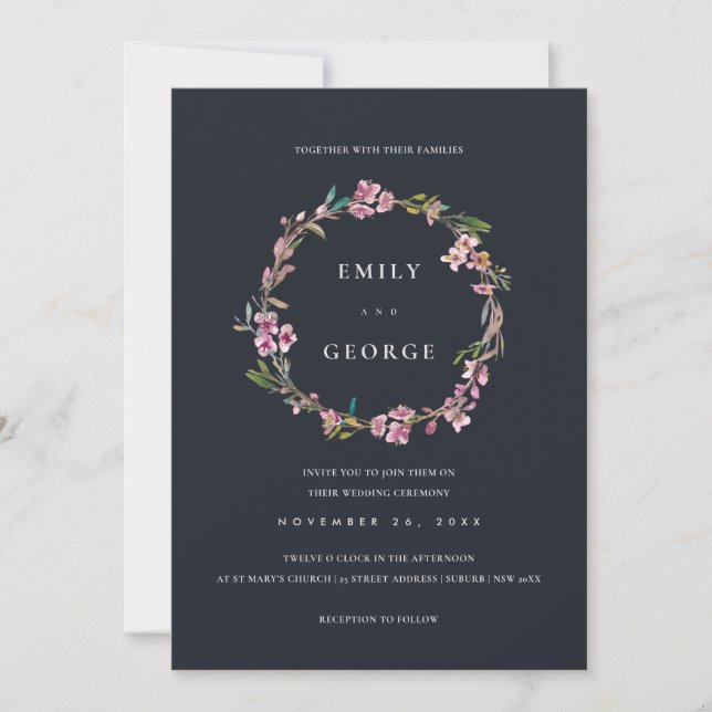 BLACK CHERRY BLOMMAR BLOMMIGT WREATH WEDDING INVIT TACK KORT (Framsida)